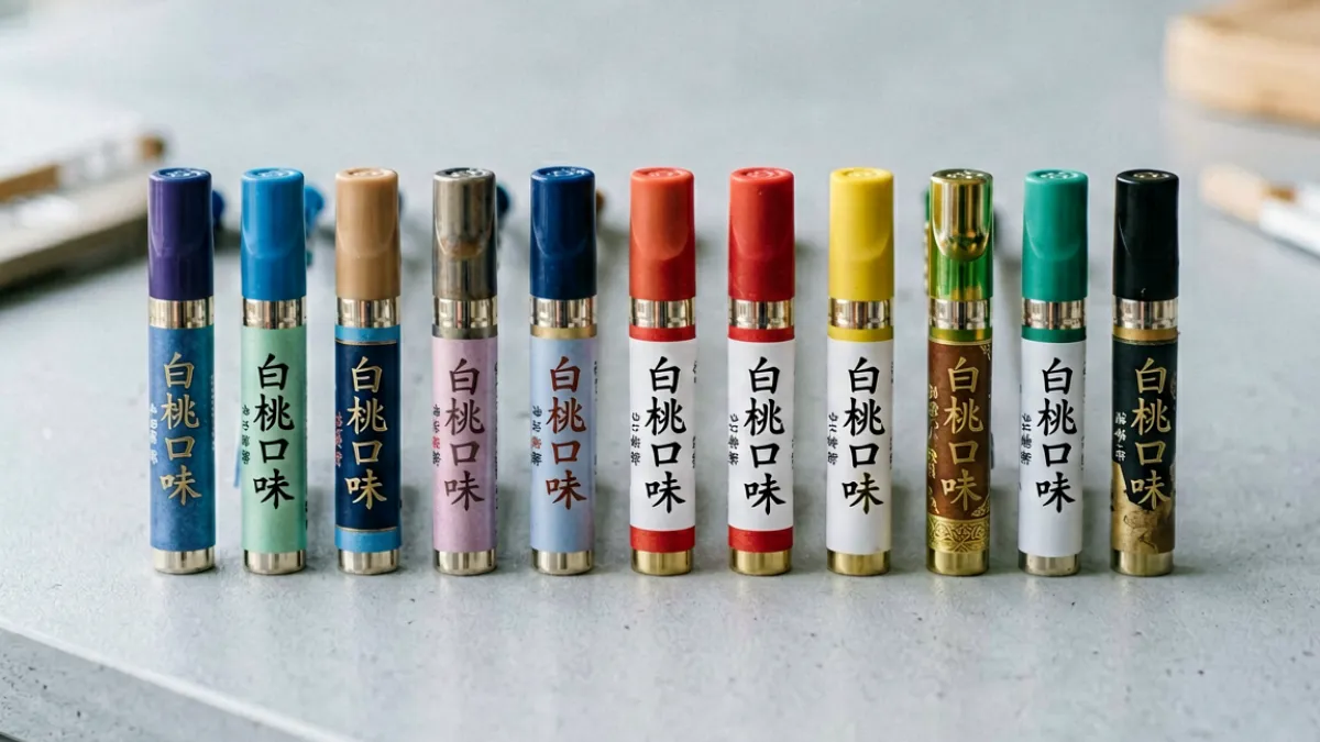 白桃svk平台展示的多口味电子烟烟弹排列对比，背景为简洁的灰白色测评台面