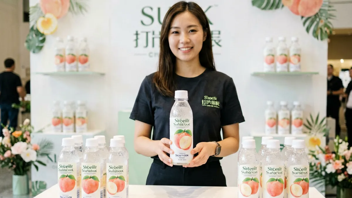 白桃svk夏季限定新品发布现场，工作人员展示全新白桃气泡系列产品与包装设计