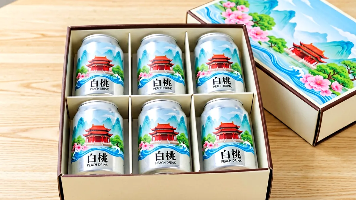 白桃svk联名款礼盒包装特写，精致礼盒搭配品牌主色调，内含六款不同口味组合